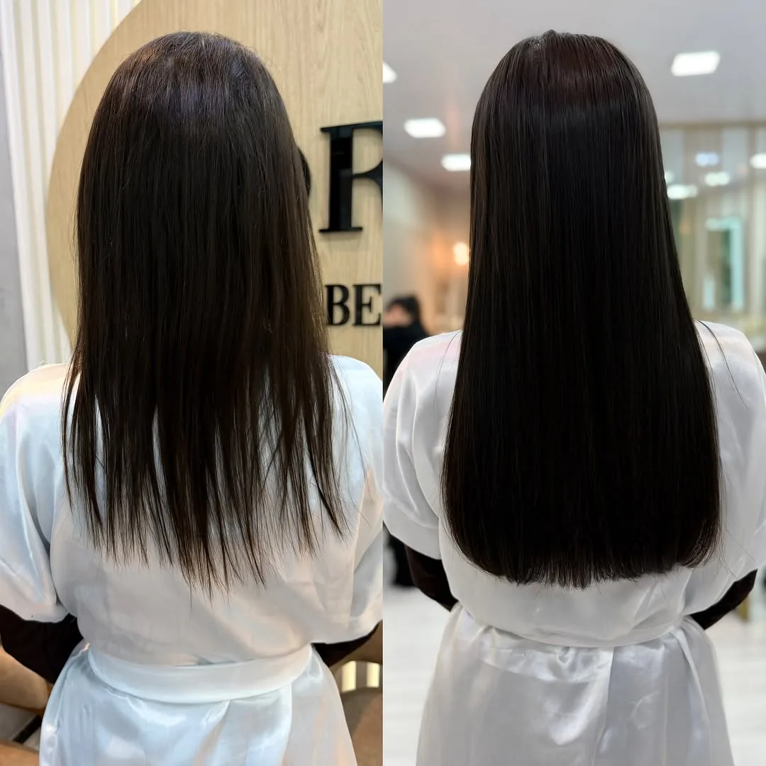 Depois: cabelo longo e cheio com extensão capilar
